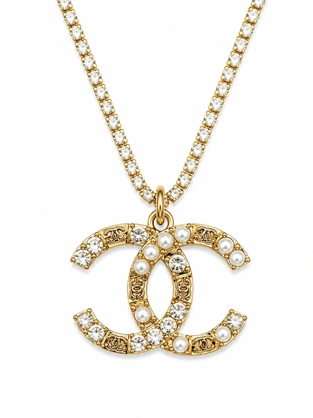 Authentic Vintage CHANEL Gold and Pearl Pendant Necklace with Crystal Chain - Picture 2 of 5